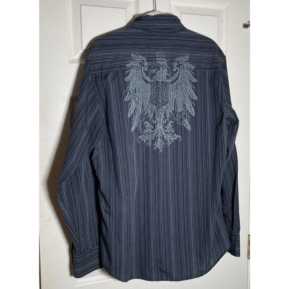 Level Ten Button Up Shirt Mens L Large Blue Stripe Long Sleeve Eagle Graphic - Picture 7 of 8